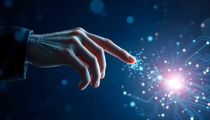 Futuristic hand reaching, glowing digital particles, cosmic energy burst, blue technological background, ethereal light effects, fingertip touching starburst, sci-fi concept