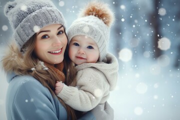 Obraz premium Happy mother holding her baby daughter in a snowy winter forest, enjoying a beautiful winter day