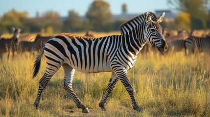 Fototapeta premium Zebra walking through tall grass, herd in background.
