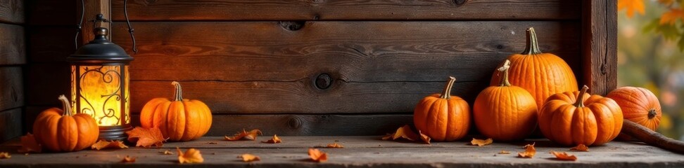 Cozy autumnal scene with rustic wooden wall and pumpkins lanterns, background, pumpkins