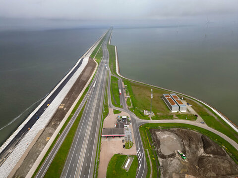 Constructions at the Afsluitdijk, a famous dyke in the North of Holland, seperating the Ijssel lake from the Wadden Sea, The Netherlands
