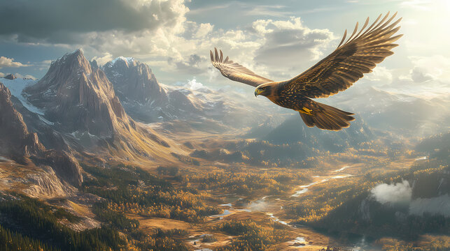 A majestic bird of prey soaring gracefully through a breathtaking landscape, capturing the essence of freedom. Zenith Valley. Illustration