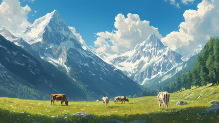 A serene mountain valley with grazing cows under a clear sky featuring majestic peaks. Zenith Valley. Illustration