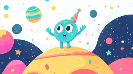 Obraz premium Friendly Cute Alien Waving Hand on Small Planet