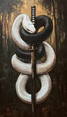 Mythical Black and White Snakes Entwined with Sword in Forest Art – Symbolic, Mystical Illustration