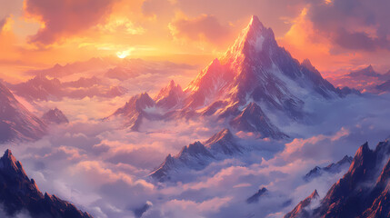 Obraz premium Breathtaking views from mangart peak at stunning sunrise. peaks above clouds. Zenith Valley. Illustration