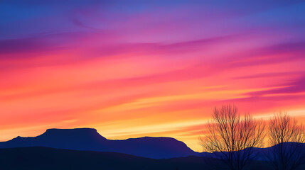 Colorful mountainous landscape at sunset with vivid skies and silhouette of trees in the foreground. Zenith Valley. Illustration