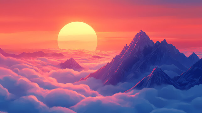 Breathtaking views from mangart peak at stunning sunrise. peaks above clouds. Zenith Valley. Illustration