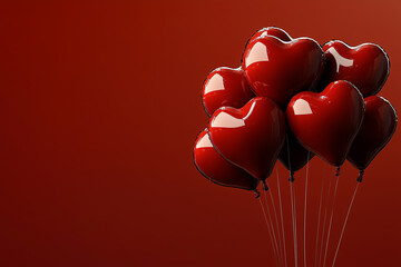 A vibrant 3D-rendered Valentine Day concept featuring floating heart-shaped balloons in shades of red and pink, with scattered confetti adding a festive touch. The soft pink gradient background create