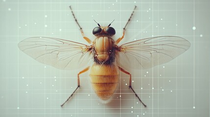 Close-up of a preserved fly on grid background.