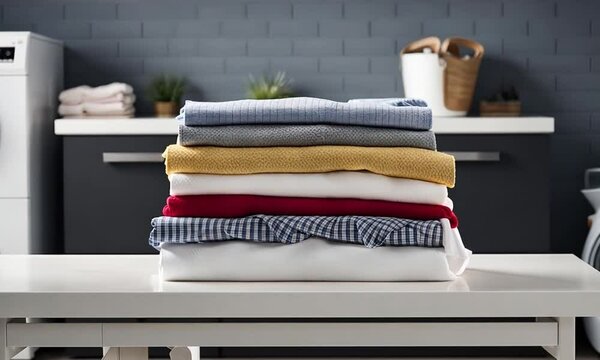 Neat stack of folded clothes on a white table in a laundry room