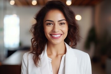 Obraz premium Portrait of a cheerful businesswoman smiling in a modern office environment, showcasing confidence and success in her career