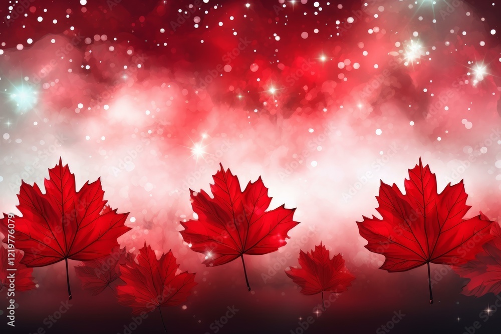 Aufkleber red maple leaves falling against a vibrant, sparkling red bokeh background create a festive and autu