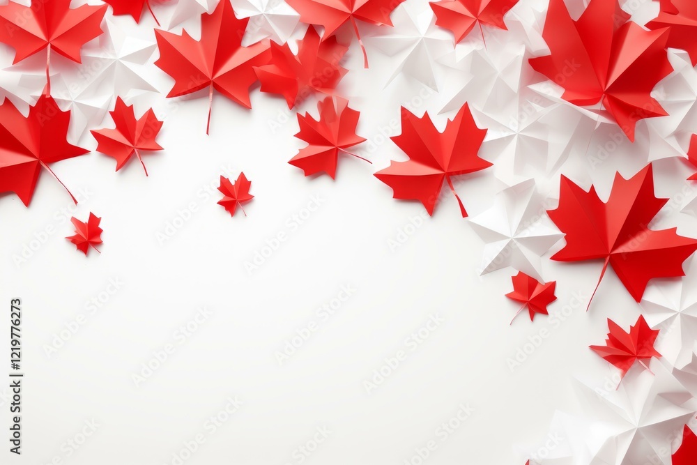 Poster red and white origami maple leaves arranged on white background creating a festive composition for c