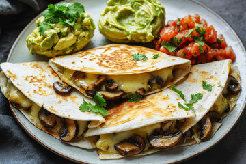 Quesadilla platter featuring melted Oaxaca cheese and sautéed mushrooms with guacamole and salsa served in natural light