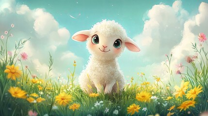 A charming cartoon lamb with big eyes, standing in a meadow surrounded by pastel colors, taking the spotlight in a playful, whimsical background that embodies childlike innocence.