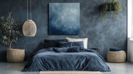 Modern Blue Bedroom with Soft Velvet Accents