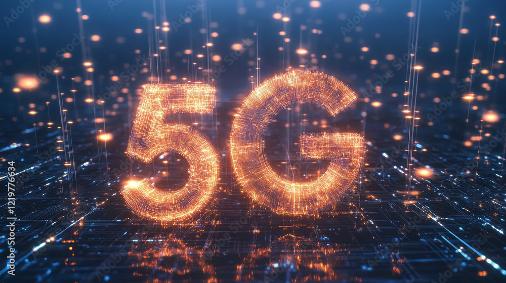 Poster abstract visualization of 5g connectivity with glowing lines and motion effects.