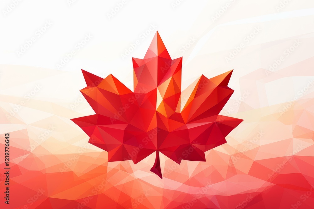 Poster red maple leaf with faceted low poly design shining on gradient red and white polygonal background r