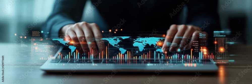 Poster businessperson uses laptop to analyze global data trends. interactive dashboard shows worldwide perf
