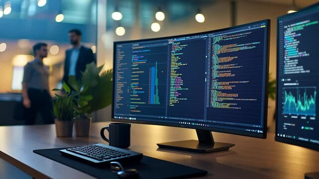 Sleek Desk Setup with Multiple Monitors and Team Collaboration