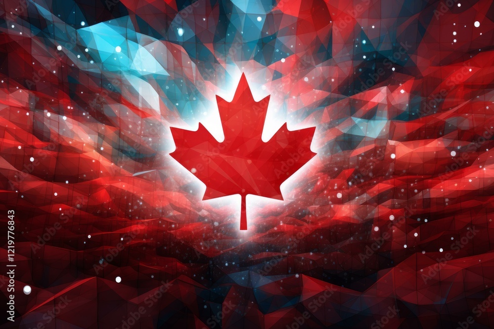 Aufkleber red maple leaf shining on a canadian digitally generated flag background with a low poly effect