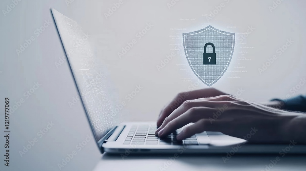 Poster businessperson types on laptop computer. cyber security concept visualized on screen. hands on keybo