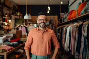 Fototapeta premium Portrait of a confident male shopkeeper smiling in his clothing store, surrounded by colorful garments and accessories
