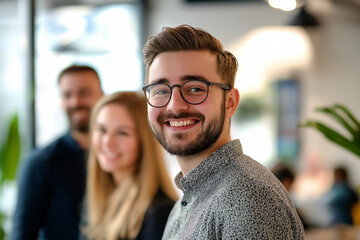 Young businessman smiling with colleagues in the background in a modern office