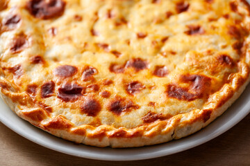 Close-up of a freshly baked traditional Russian pie on a white plate featuring a golden brown crust and rich texture