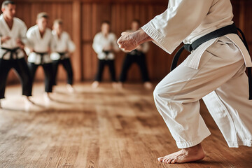 Karate master showing martial arts techniques to students in dojo