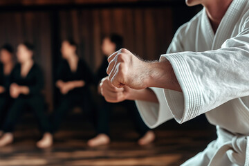 Obraz premium Karate master showing his fists during training in a dojo