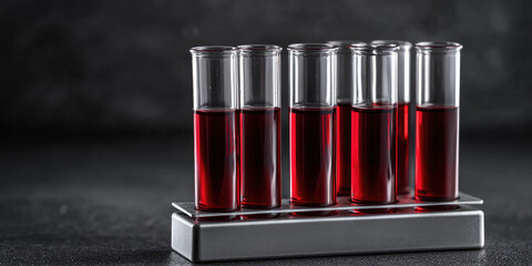 Fototapeta premium Glass laboratory blood sample tubes on a stand for analysis in the lab diagnostic background clinic, blood tube test in research laboratory.
