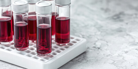 Glass laboratory blood sample tubes on a stand for analysis in the lab diagnostic background clinic, blood tube test in research laboratory.
