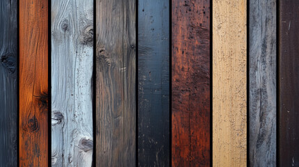 Texture of Reclaimed Mixed Wood Planks with a Variety of Tones from Dark Brown to Light Gray, Visible Seams, and a Rustic and Eco-Friendly Character