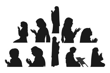 Silhouette of muslim woman praying hands dua or doa amen. side view. concept of worship, ramadan, islam, religion. Set vector illustration