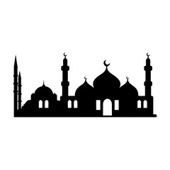 Black Mosque Silhouette with Four Minarets and Crescent Moon Ideal for Eid Celebration Decor and Islamic Art. Islamic Mosque icon vector art