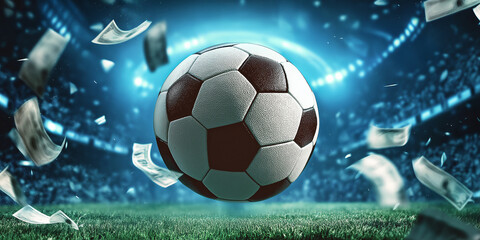 Soccer ball floating over field with money raining down in stadium