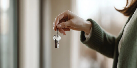 Woman holding keys in new home, starting new life