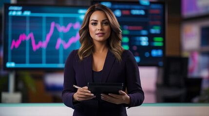 Fototapeta premium Businesswoman analyzing financial data on tablet with stock market charts displayed on screens in background