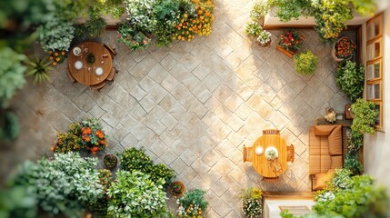 Cozy patio with furniture surrounded by lush plants.