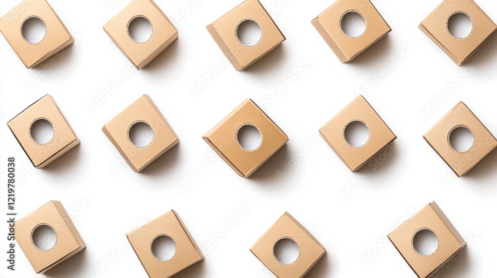 Poster aerial view of neatly arranged beige cubes with circular holes, creating a modern design pattern