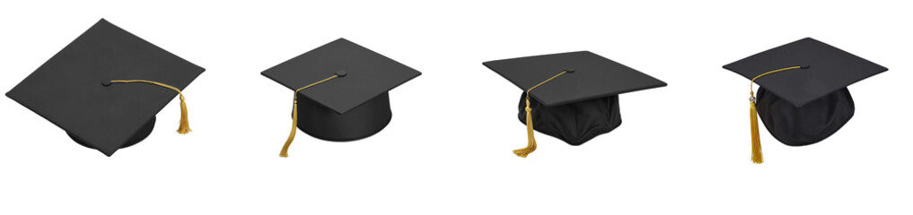 Graduation cap with gold tassel on white background, cut out collection pack