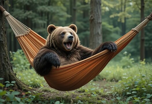 A happy brown bear enjoys a relaxing afternoon siesta in an orange hammock nestled within a lush green forest.