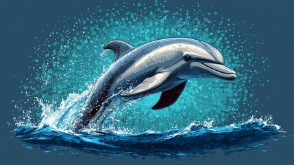 Fototapeta premium Playful Dolphin Jumping Out of Water in Cartoon Style Clip Art Illustration with Waves Splash