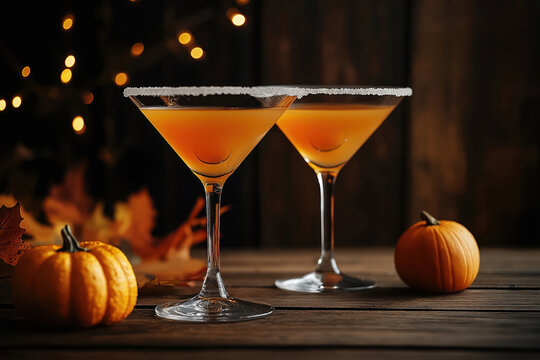 Two autumn pumpkin martini cocktails on rustic wooden table. Small pumpkins, autumn leaves create seasonal setting. Drinks garnished with sugar. Festive scene evokes cozy autumn celebration