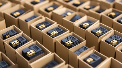 Aerial view of neatly arranged black electronic components in cardboard boxes, showcasing organization