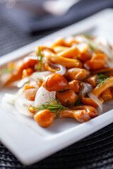 Close-up of marinated mushrooms garnished with onion slices and fresh dill on a white plate