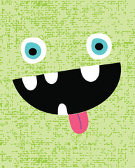 Big green cartoon monster face with tongue out and silly eyes
