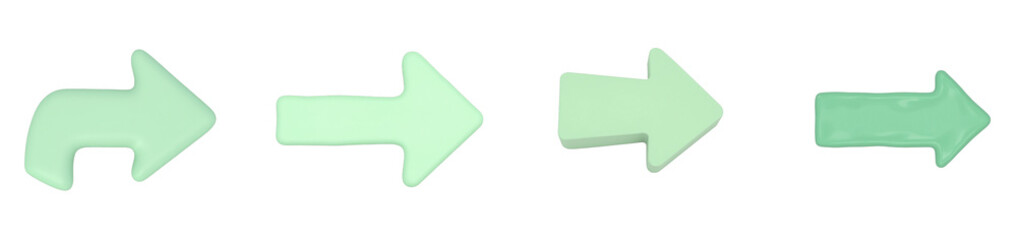 Glossy green arrow pointing right on white background, cut out collection pack
